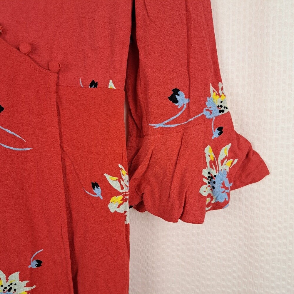 Free People Red Time On My Side S Wrap Mini Dress 3/4 Sleeve Buttons 100% Rayon - Picture 8 of 16